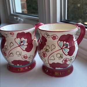 TWO Pier 1 Dolomite handpainted floral large coffee mugs